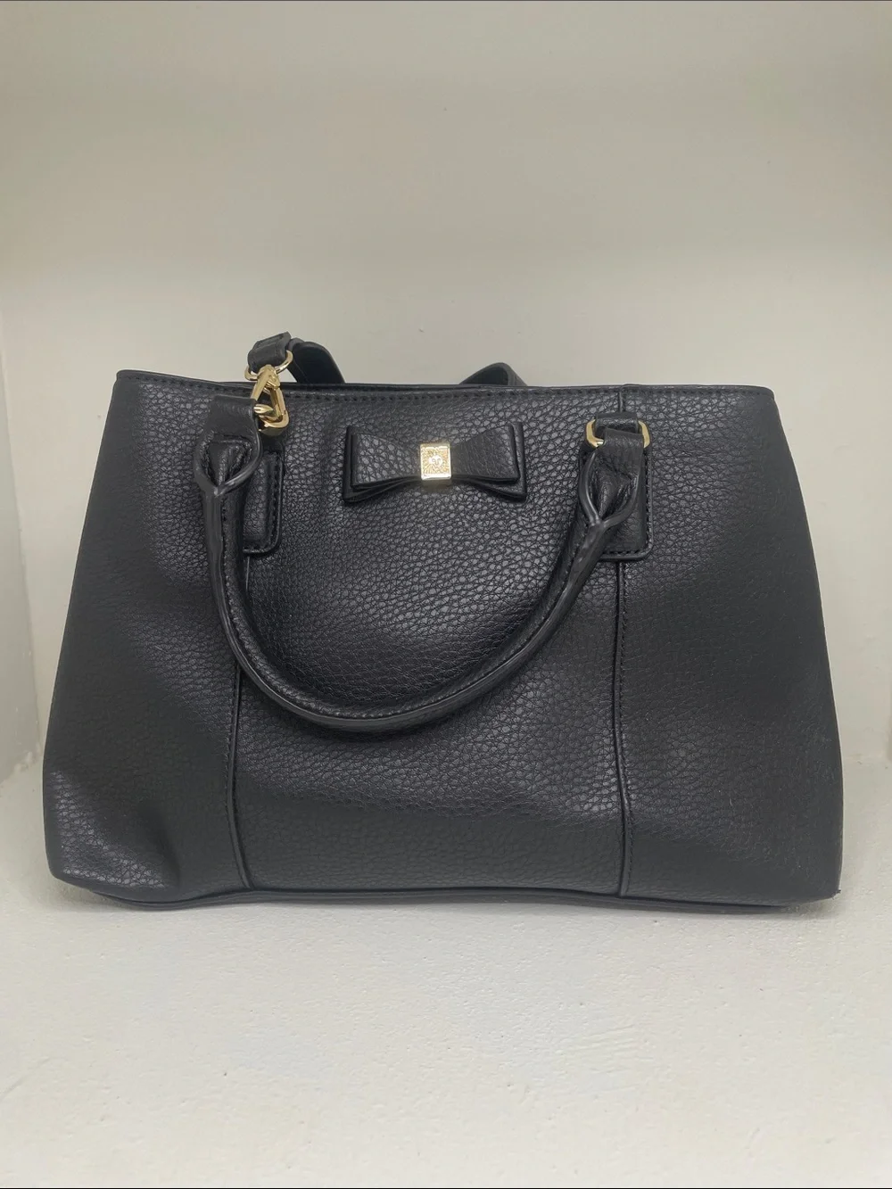 Anne Klein Black Pebbled Leather Bow Satchel purse